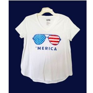 CELEBRATE TOGETHER Merica Patriotic USA Sunglasses Tee Shirt Womens Small White